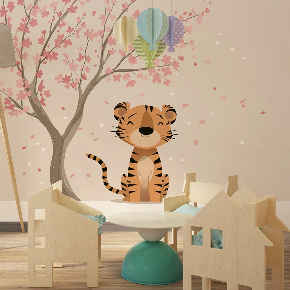 Papel de parede crianç | Tigre fofo sob uma cerejeira em flor
