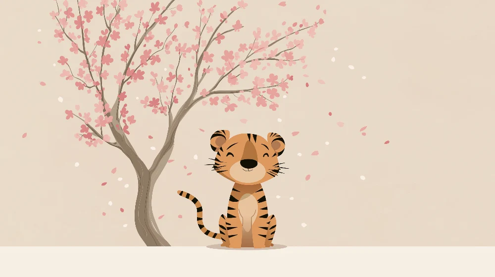 Papel de parede crianç | Tigre fofo sob uma cerejeira em flor