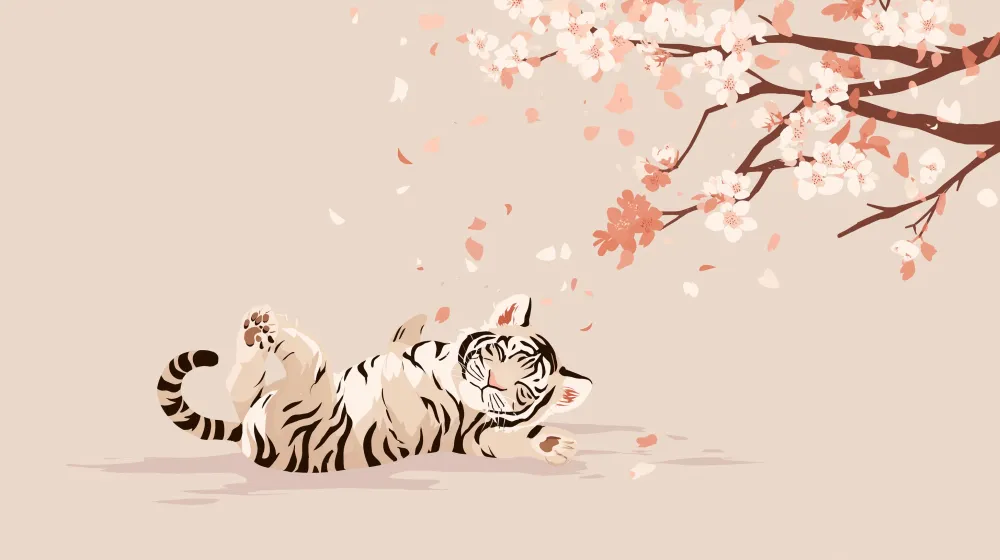 Papel de parede crianç | Tigre jogar sob as flores de cerejeira