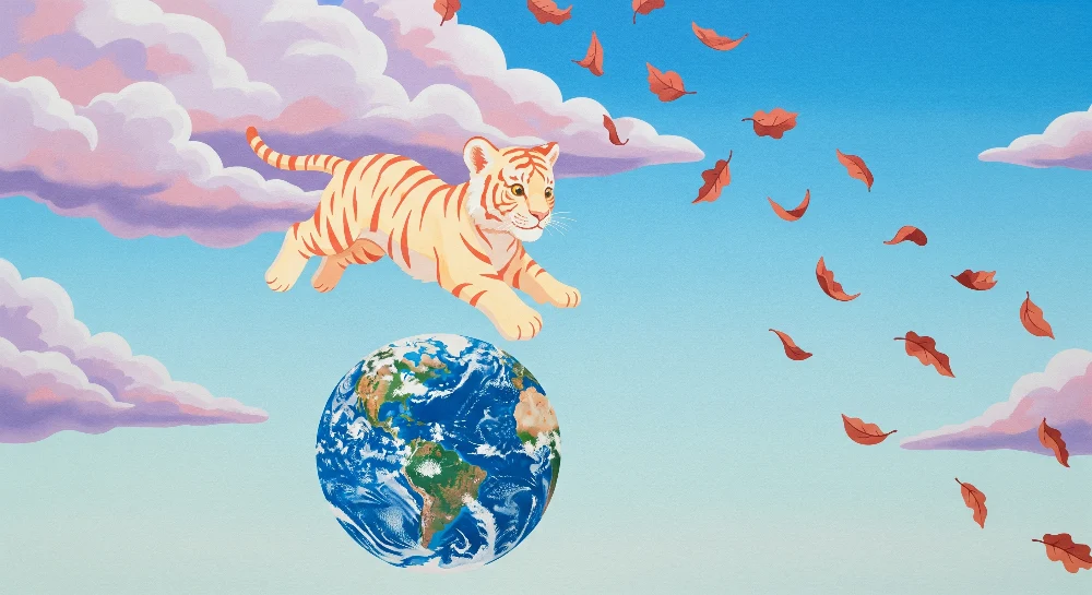 Papel de parede crianç | Tigre saltar sobre Terra com folhas voar