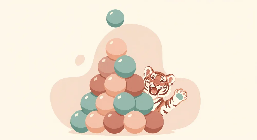 Papel de parede crianç | Tigre travesso e bolas coloridas em um ambiente lúdico