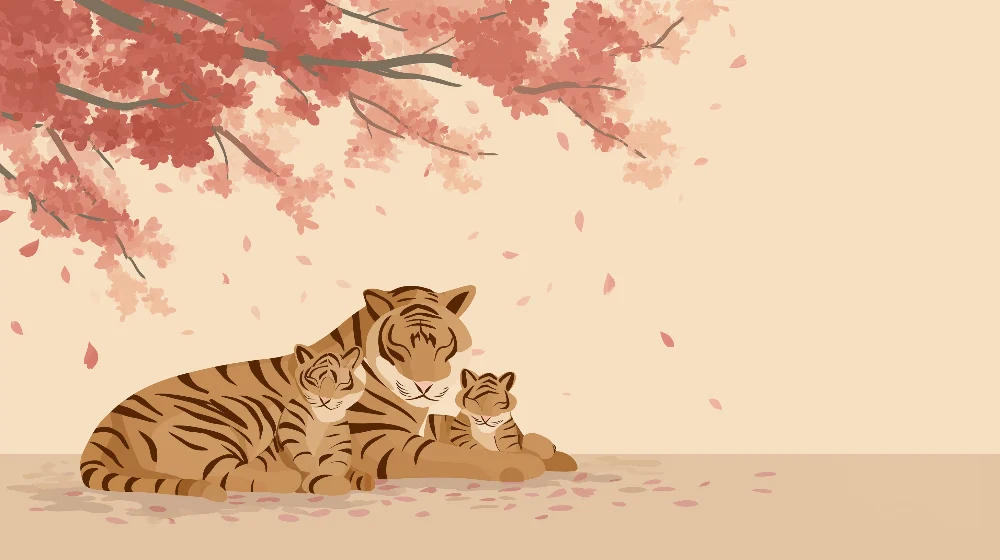 Papel de parede crianç | Tigres abraçados sob as cerejeiras em flor