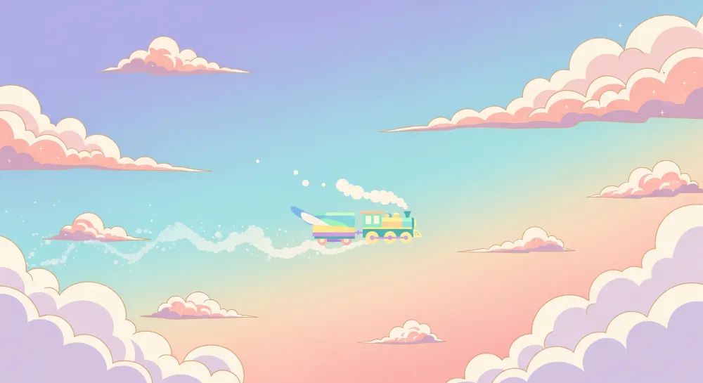 Papel de parede crianç | Trem colorido navegando através de nuvens pastel