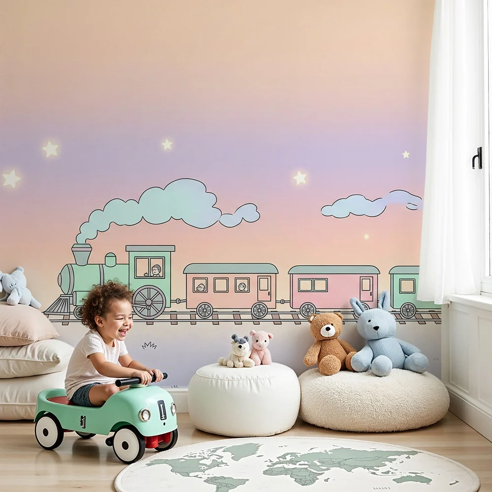 Papel de parede crianç | Trem pastel sob um céu estrelado