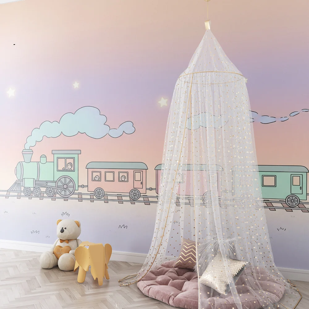 Papel de parede crianç | Trem pastel sob um céu estrelado