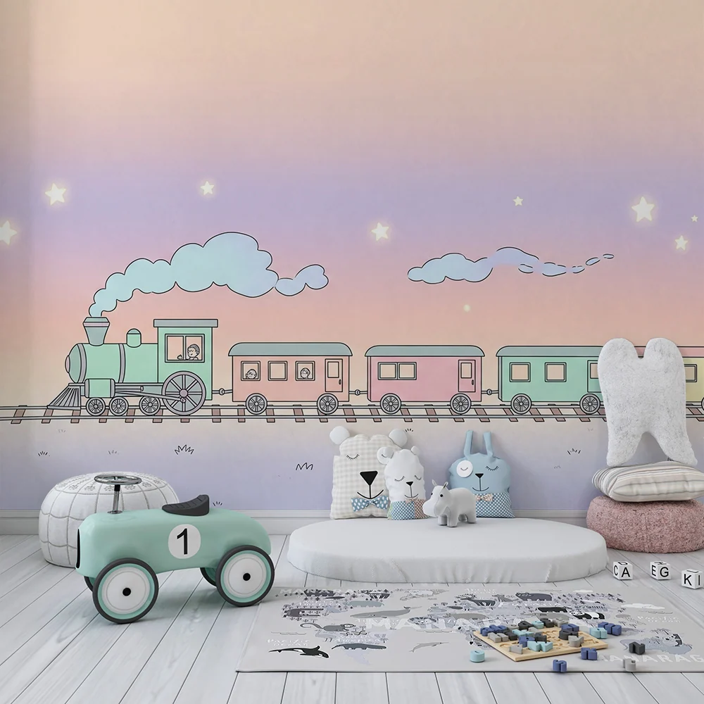 Papel de parede crianç | Trem pastel sob um céu estrelado
