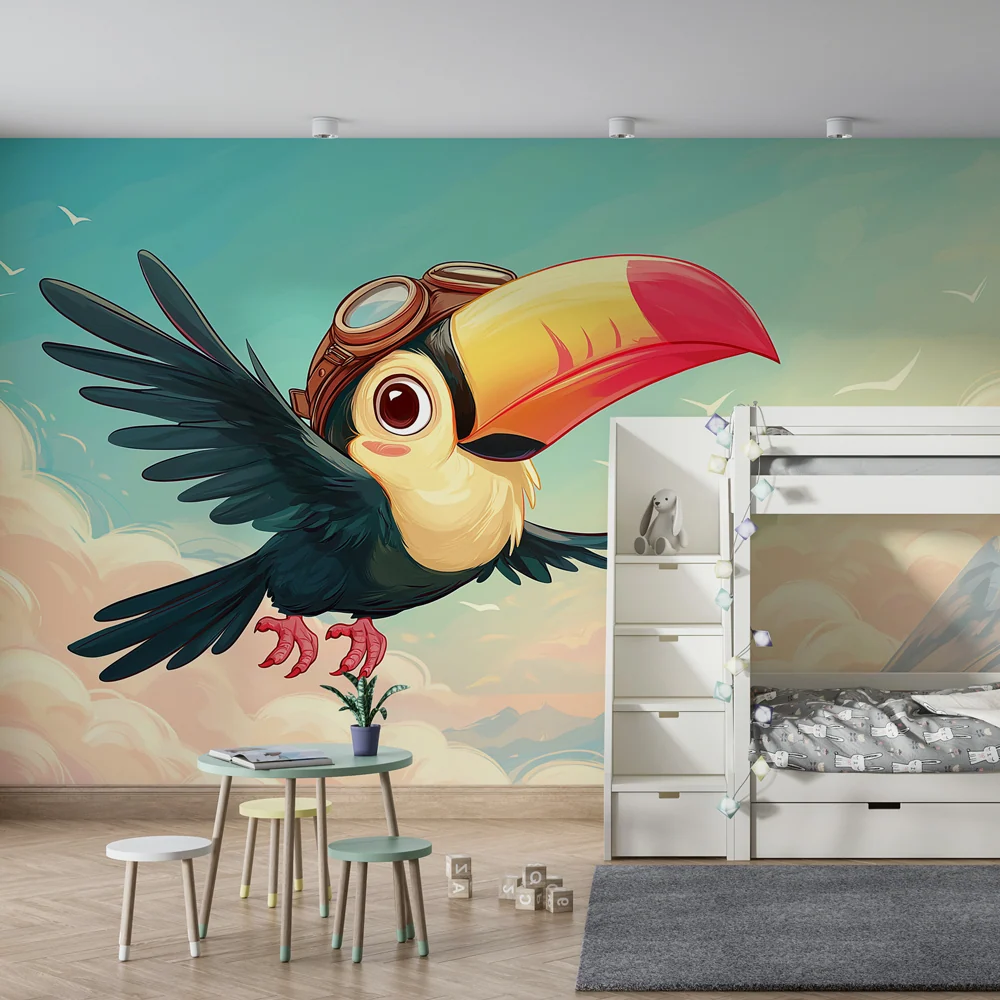 Papel de parede crianç | Tucano aventureiro nas nuvens
