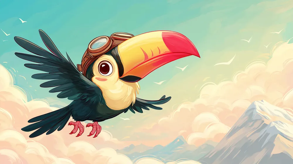 Papel de parede crianç | Tucano aventureiro nas nuvens