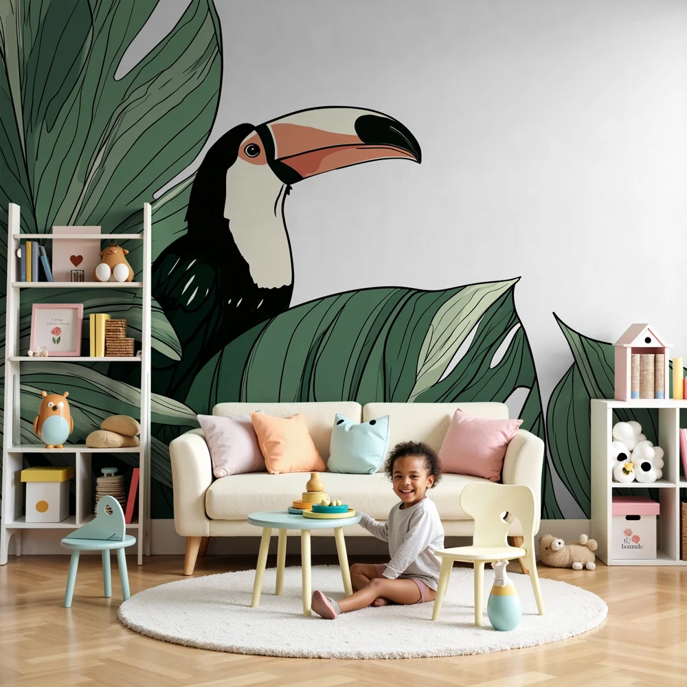 Papel de parede crianç | Tucano e folhagem luxuriante