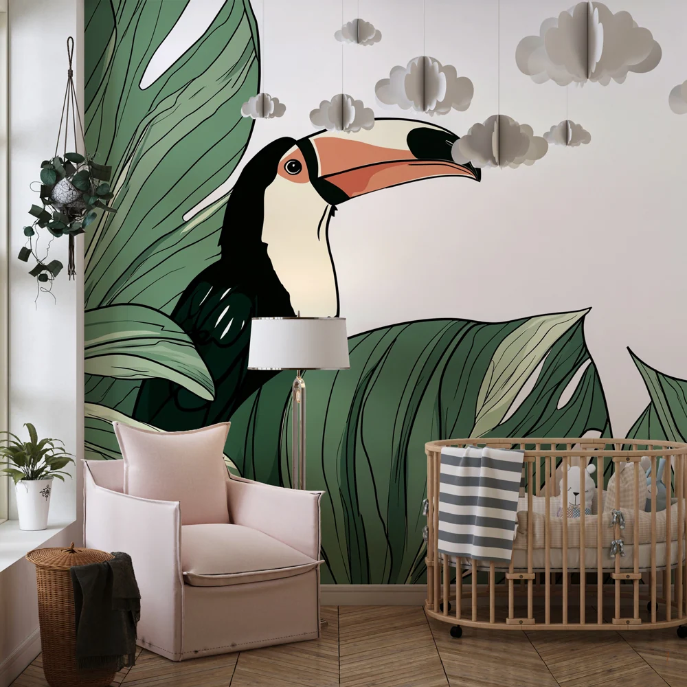 Papel de parede crianç | Tucano e folhagem luxuriante