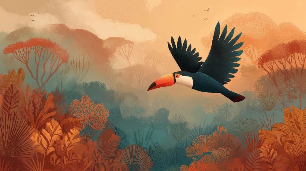 Papel de parede crianç | Tucano voando sobre uma selva colorida