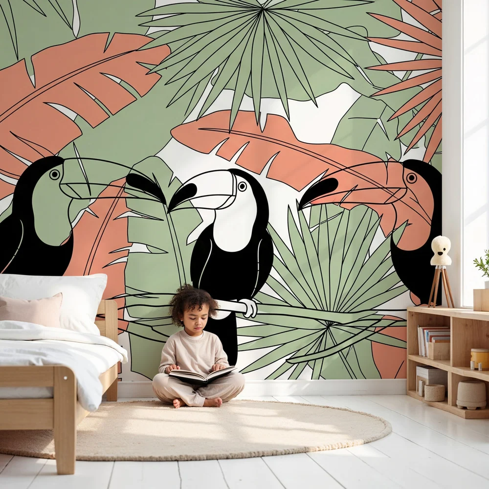 Papel de parede crianç | Tucanos e folhas tropicais