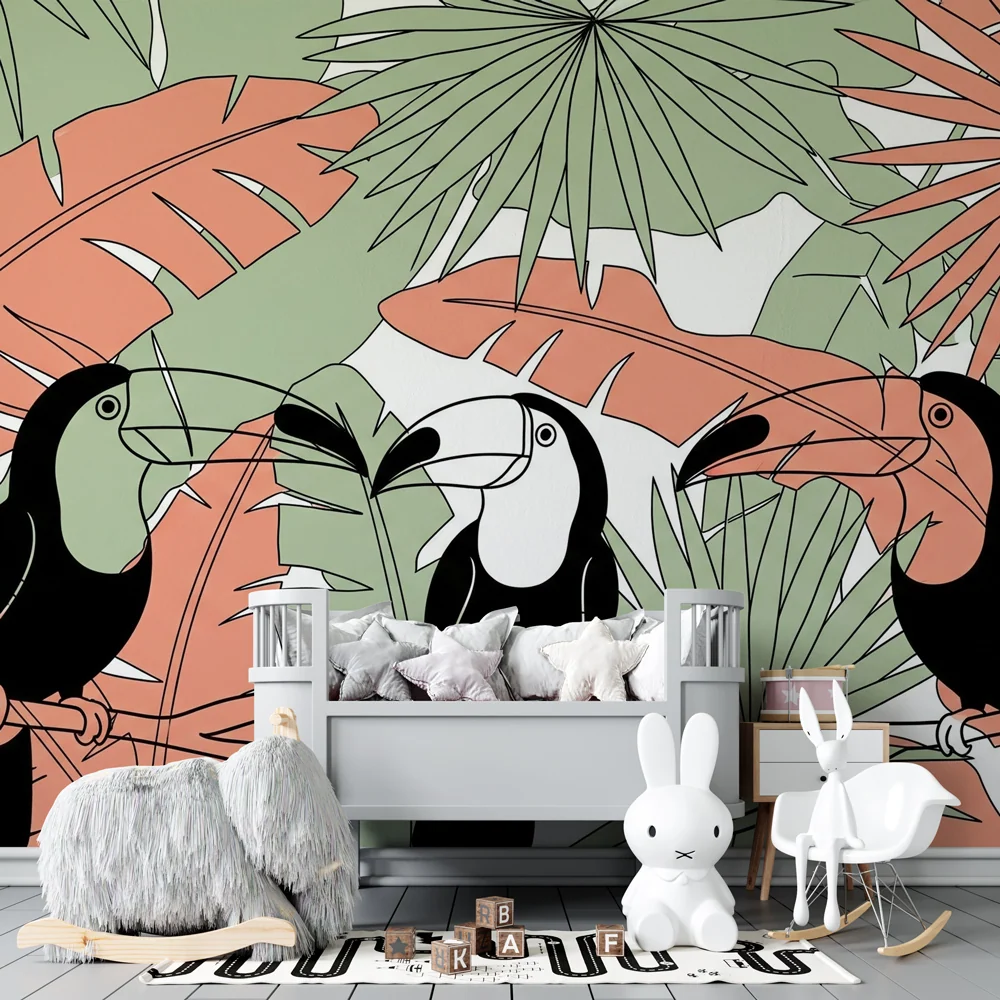 Papel de parede crianç | Tucanos e folhas tropicais