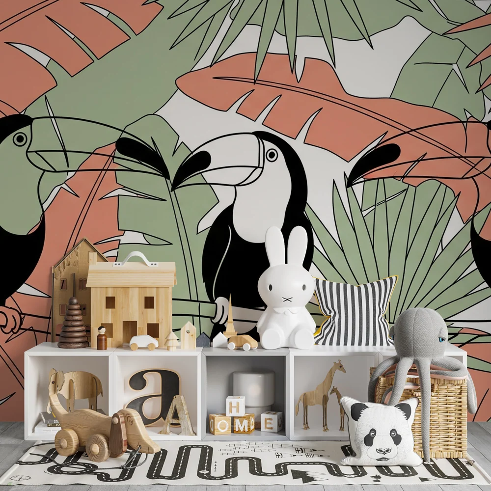 Papel de parede crianç | Tucanos e folhas tropicais