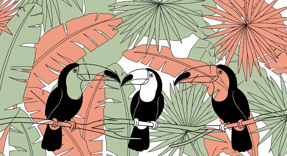 Papel de parede crianç | Tucanos e folhas tropicais