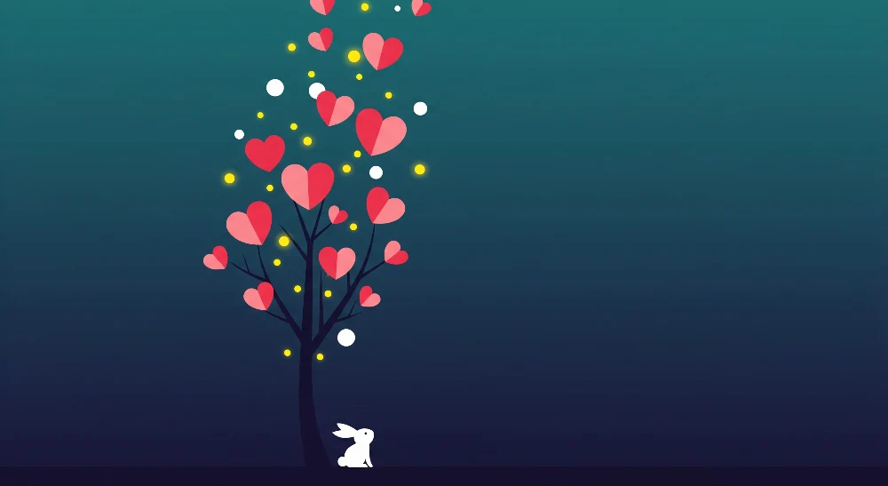 Papel de parede crianç | Uma árvore com corações e um coelho fofo sob um céu estrelado