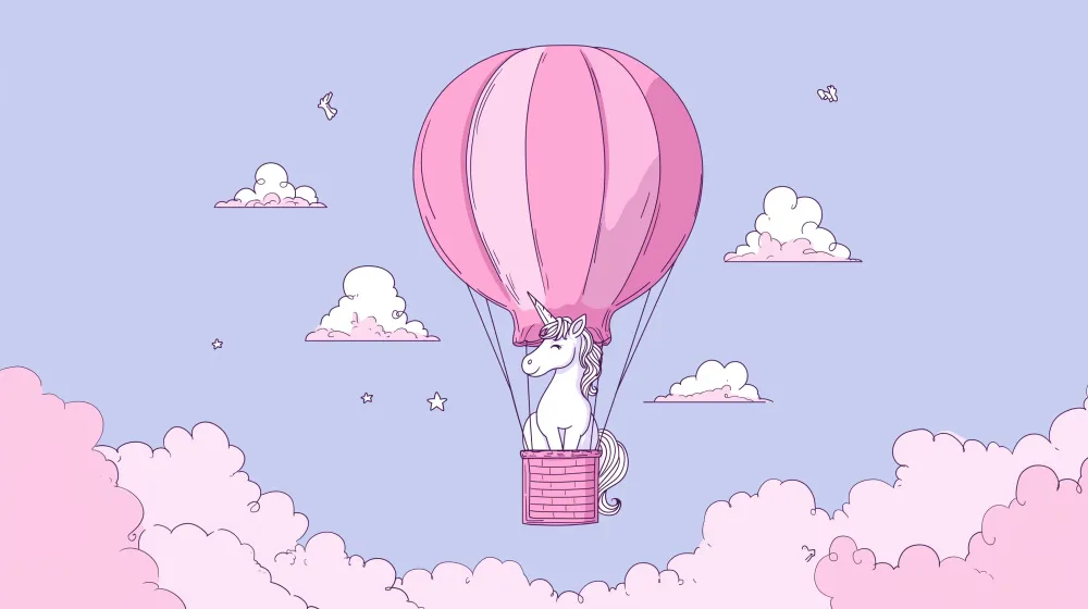Papel de parede crianç | Unicórnio em um balão dirigível no meio das nuvens cor-de-rosa