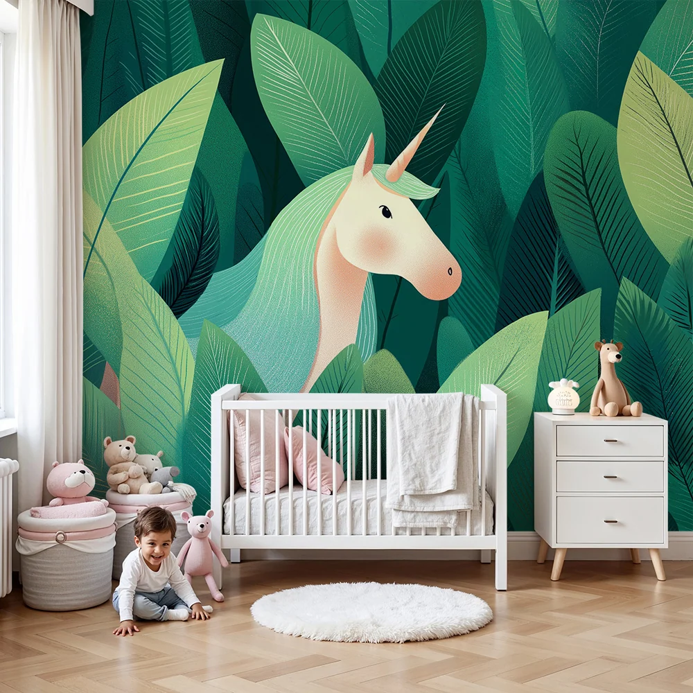Papel de parede crianç | Unicórnio escondido numa selva luxuriante