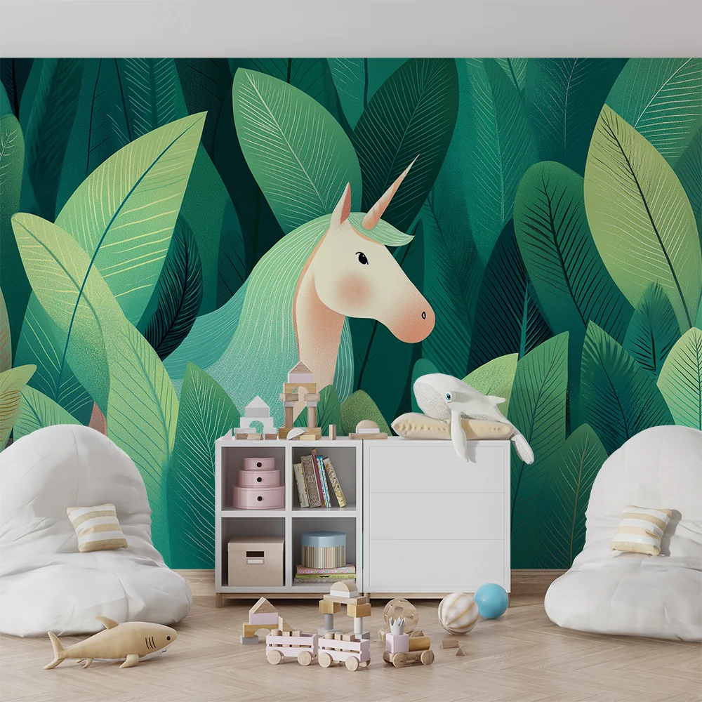 Papel de parede crianç | Unicórnio escondido numa selva luxuriante