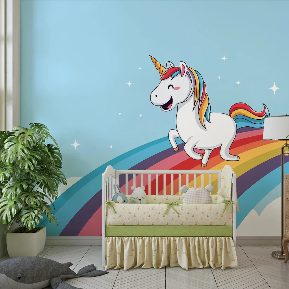 Papel de parede crianç | Unicórnio feliz em um arco-íris colorido