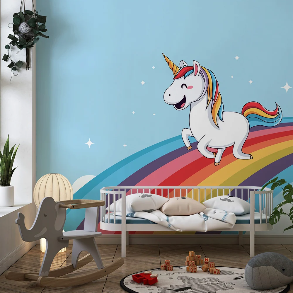 Papel de parede crianç | Unicórnio feliz em um arco-íris colorido