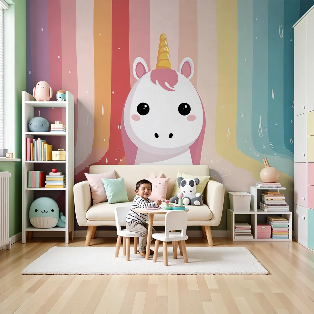 Papel de parede crianç | Unicórnio fofo em um arco-íris colorido