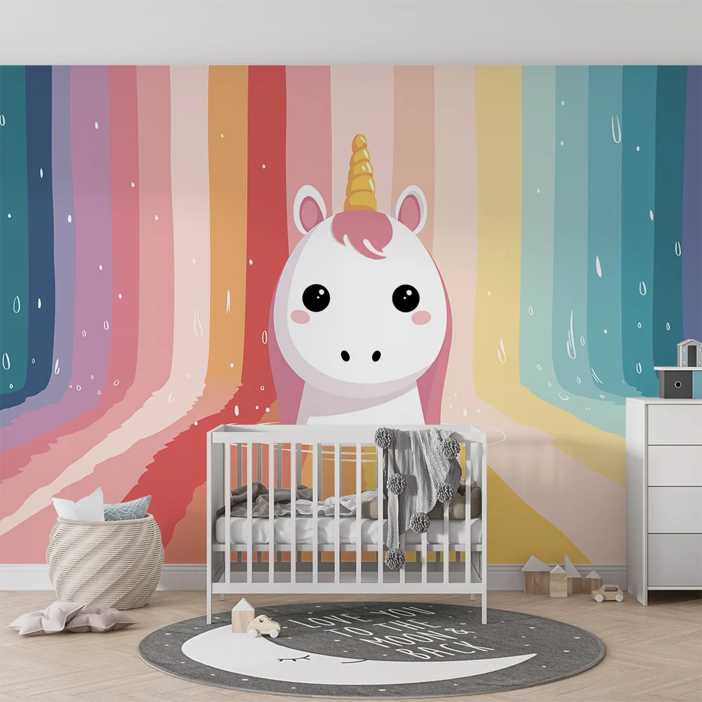 Papel de parede crianç | Unicórnio fofo em um arco-íris colorido