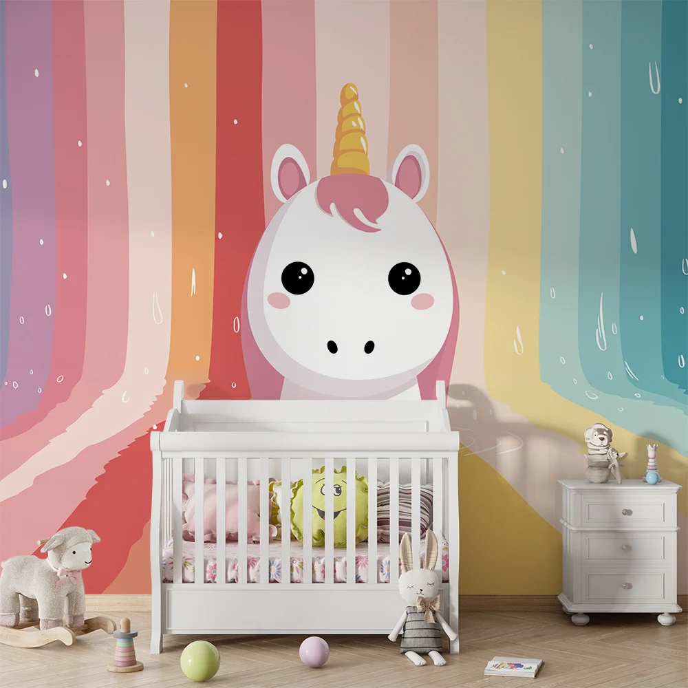 Papel de parede crianç | Unicórnio fofo em um arco-íris colorido