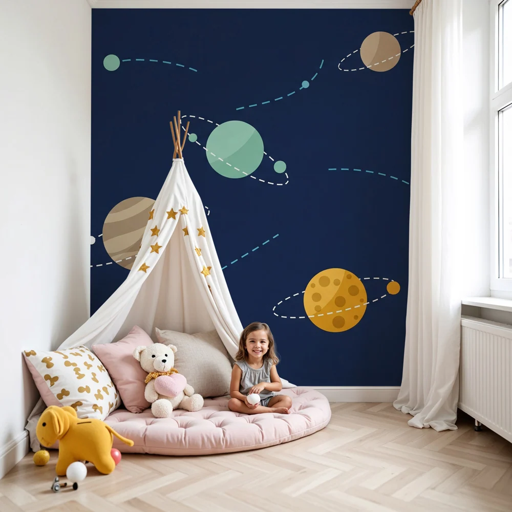 Papel de parede crianç | Universo astral com planetas coloridos