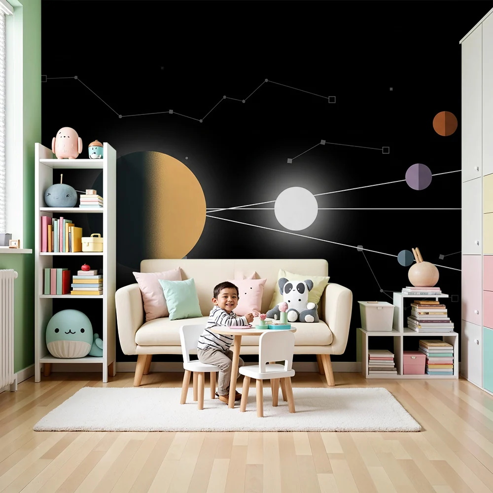 Papel de parede crianç | Universo espacial com planetas coloridos e constelações