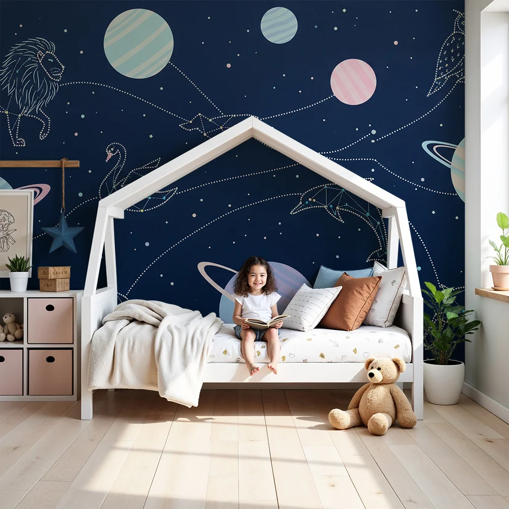 Papel de parede crianç | Universo estrelado com constelações e planetas coloridos