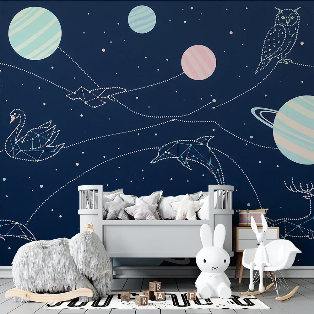 Papel de parede crianç | Universo estrelado com constelações e planetas coloridos