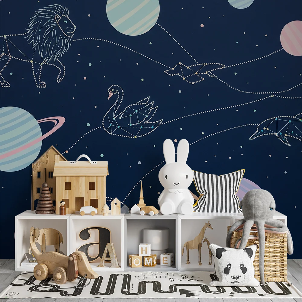 Papel de parede crianç | Universo estrelado com constelações e planetas coloridos