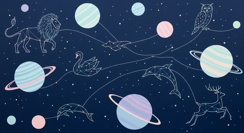 Papel de parede crianç | Universo estrelado com constelações e planetas coloridos