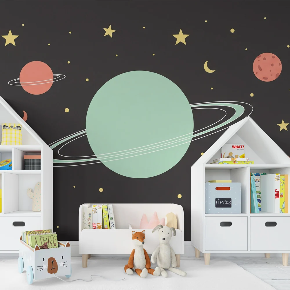 Papel de parede crianç | Universo estrelado e planetas coloridos em fundo preto