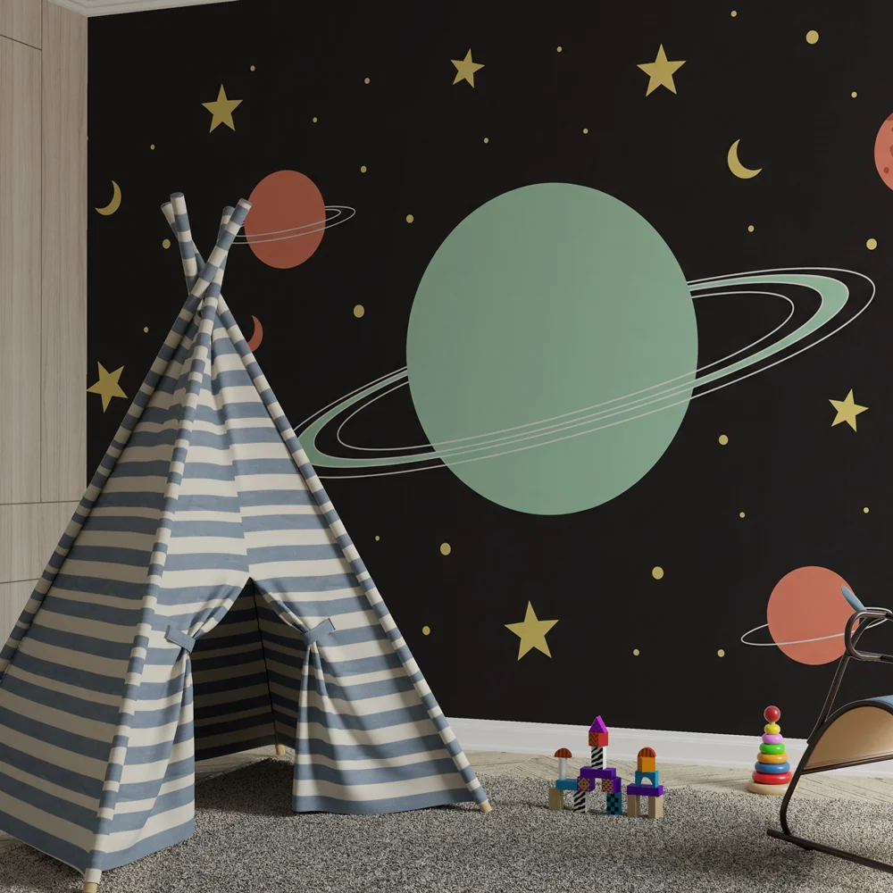 Papel de parede crianç | Universo estrelado e planetas coloridos em fundo preto