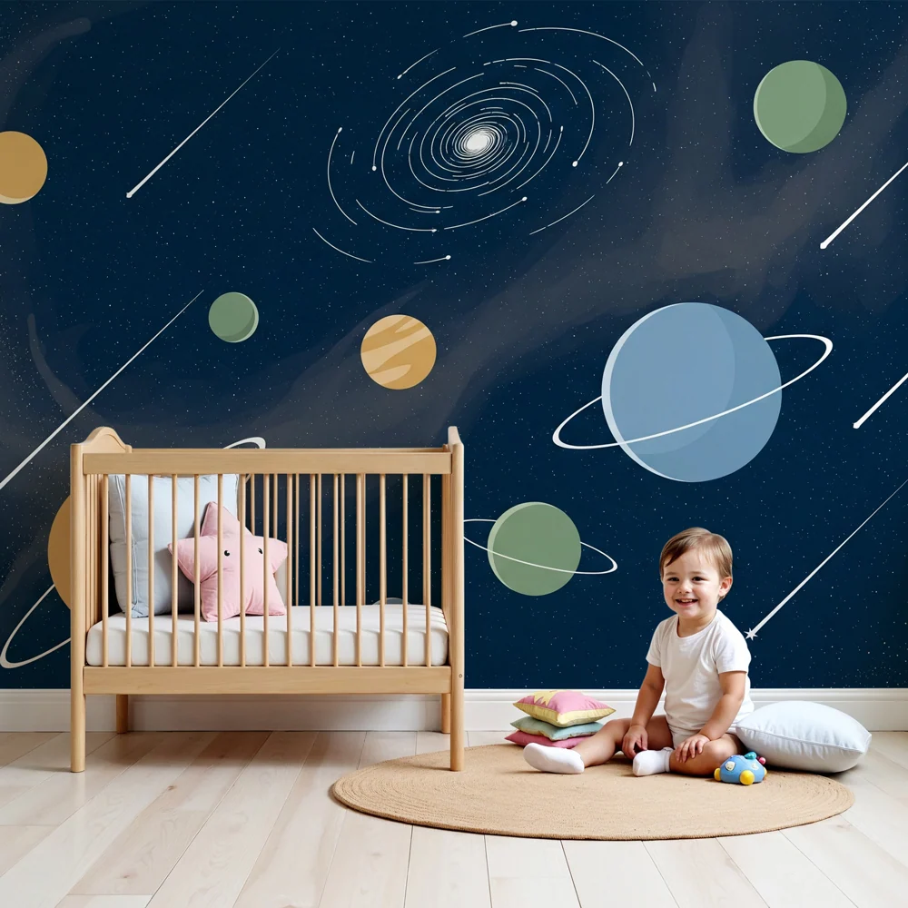 Papel de parede crianç | Universo estrelado e planetas coloridos com Via Láctea