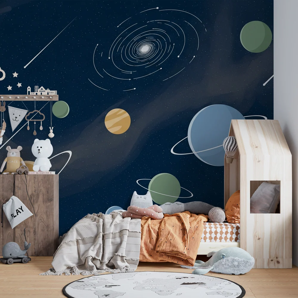 Papel de parede crianç | Universo estrelado e planetas coloridos com Via Láctea