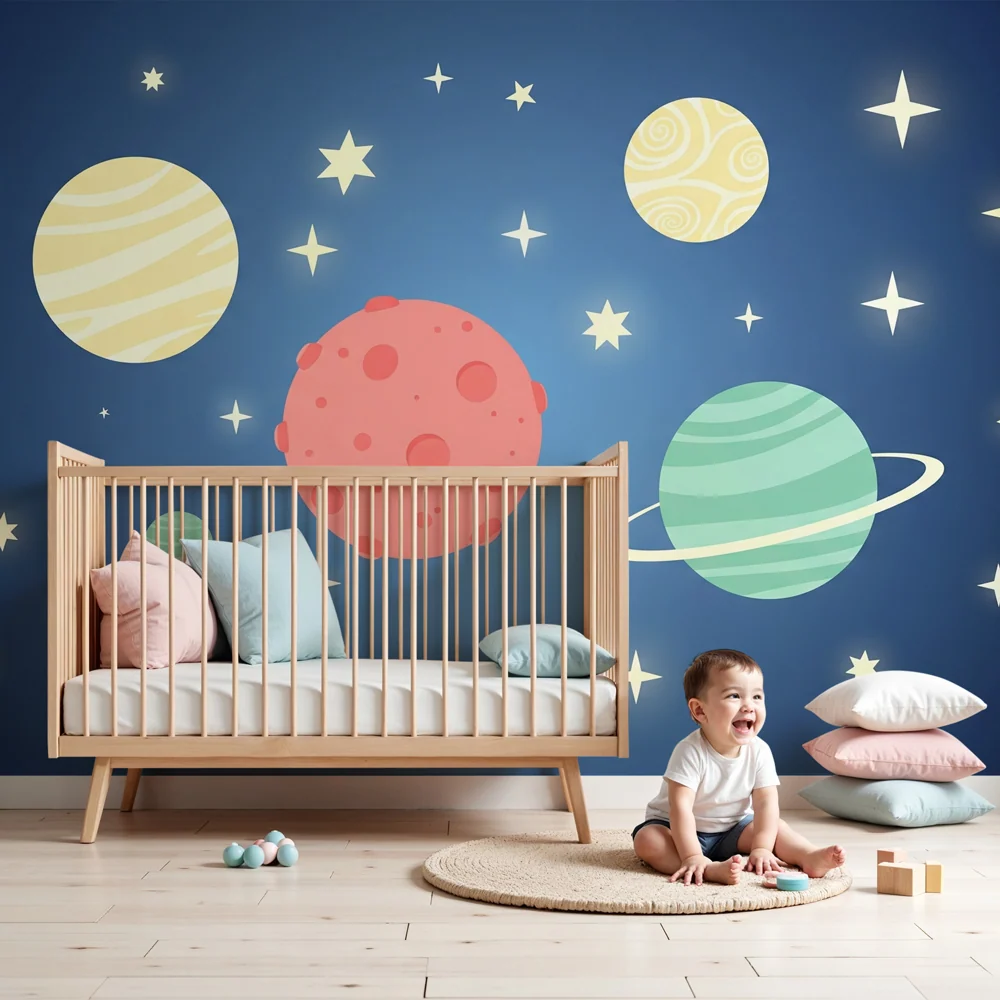 Papel de parede crianç | Universo estrelado e planetas coloridos em fundo azul