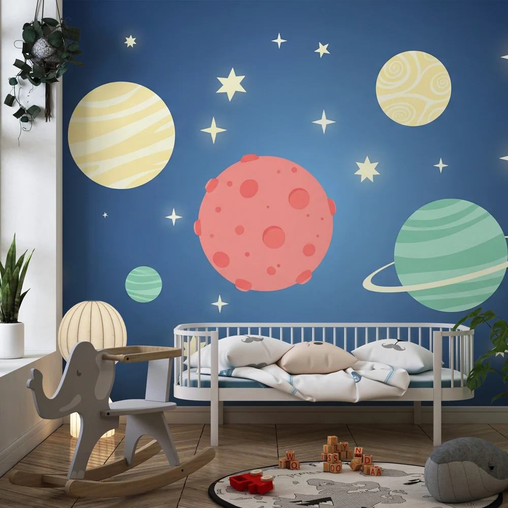 Papel de parede crianç | Universo estrelado e planetas coloridos em fundo azul