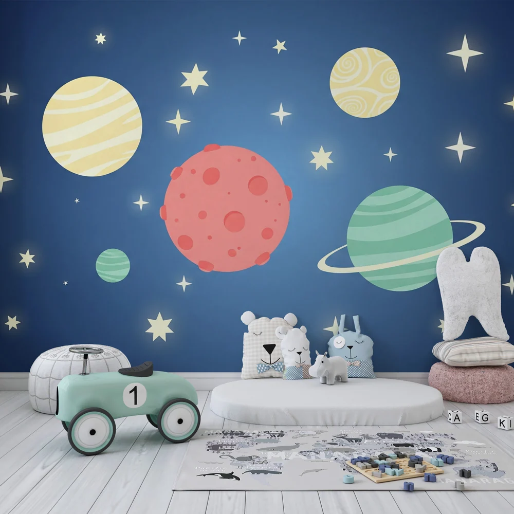 Papel de parede crianç | Universo estrelado e planetas coloridos em fundo azul