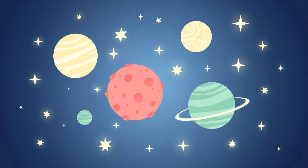 Papel de parede crianç | Universo estrelado e planetas coloridos em fundo azul