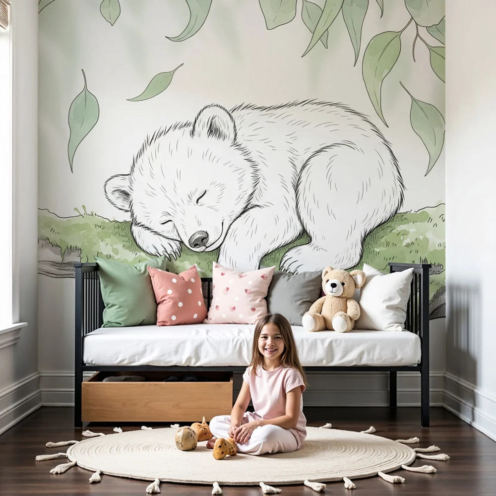 Papel de parede crianç | Urso bebê dormindo em um galho