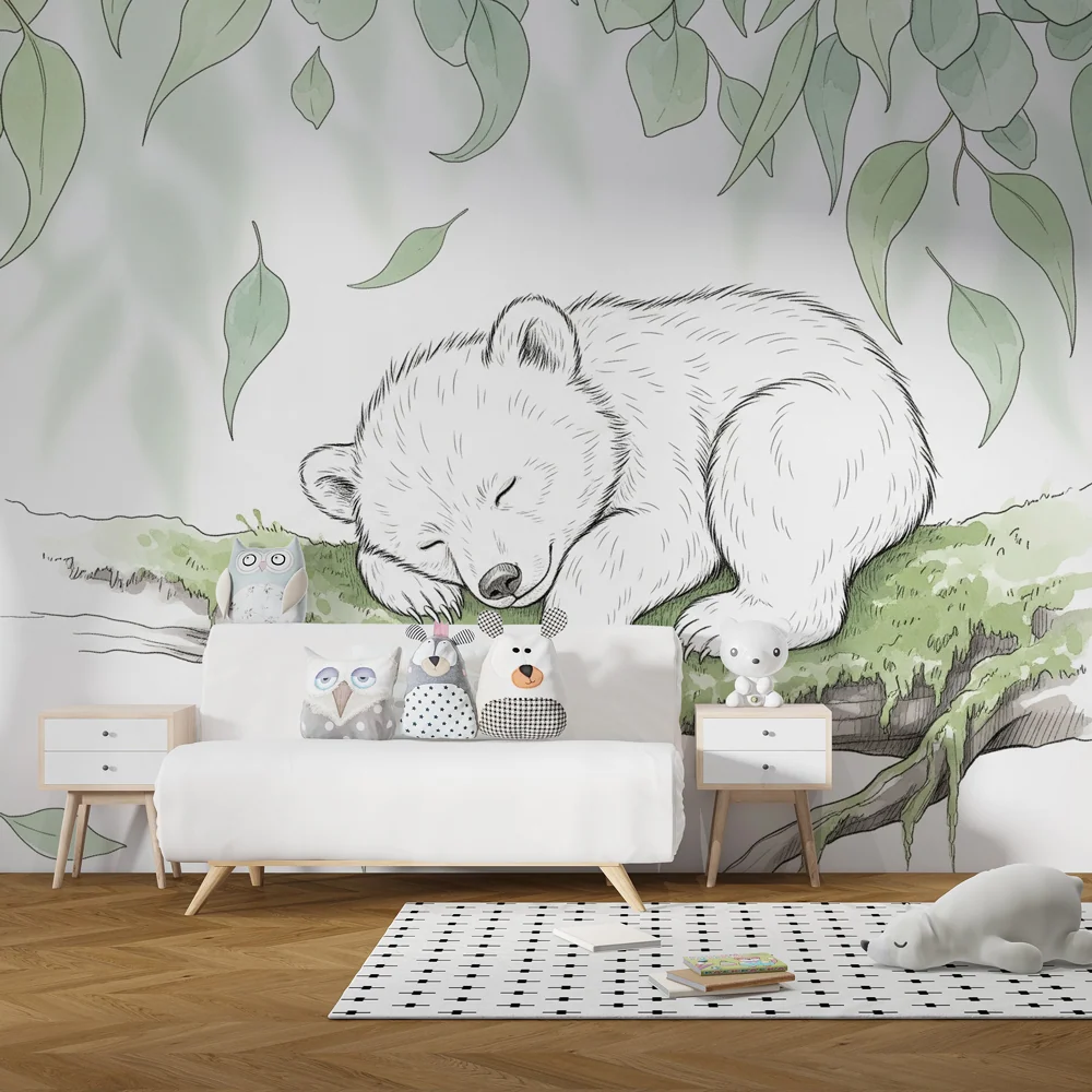 Papel de parede crianç | Urso bebê dormindo em um galho