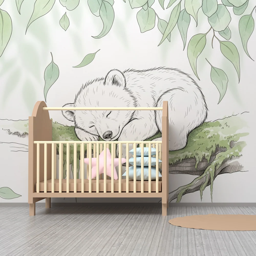 Papel de parede crianç | Urso bebê dormindo em um galho