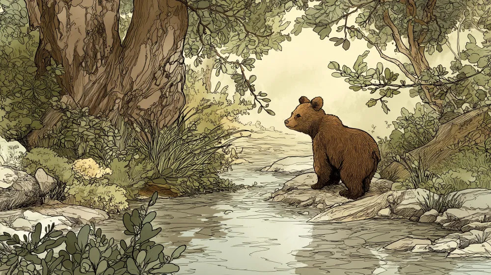 Papel de parede crianç | Urso castanho à beira da água numa floresta verdejante