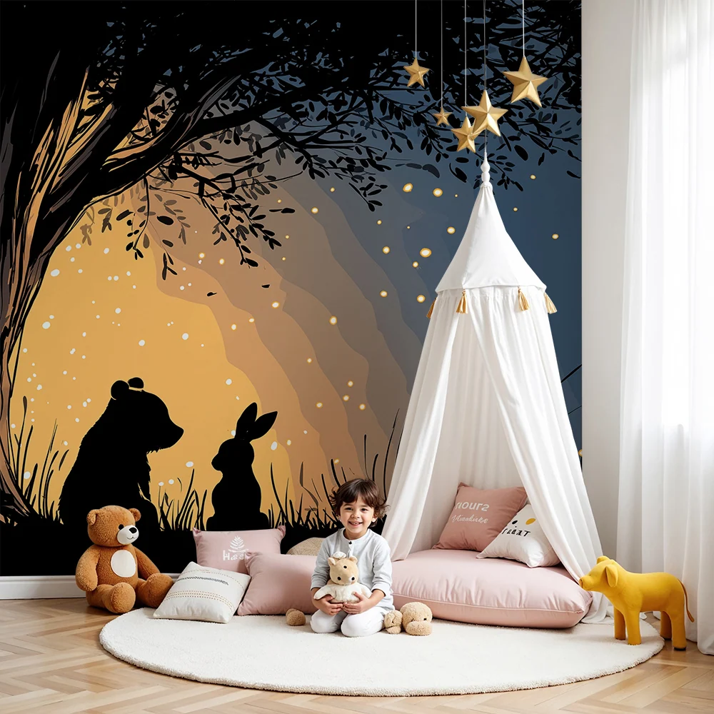 Papel de parede crianç | Urso e coelho sob uma árvore iluminada