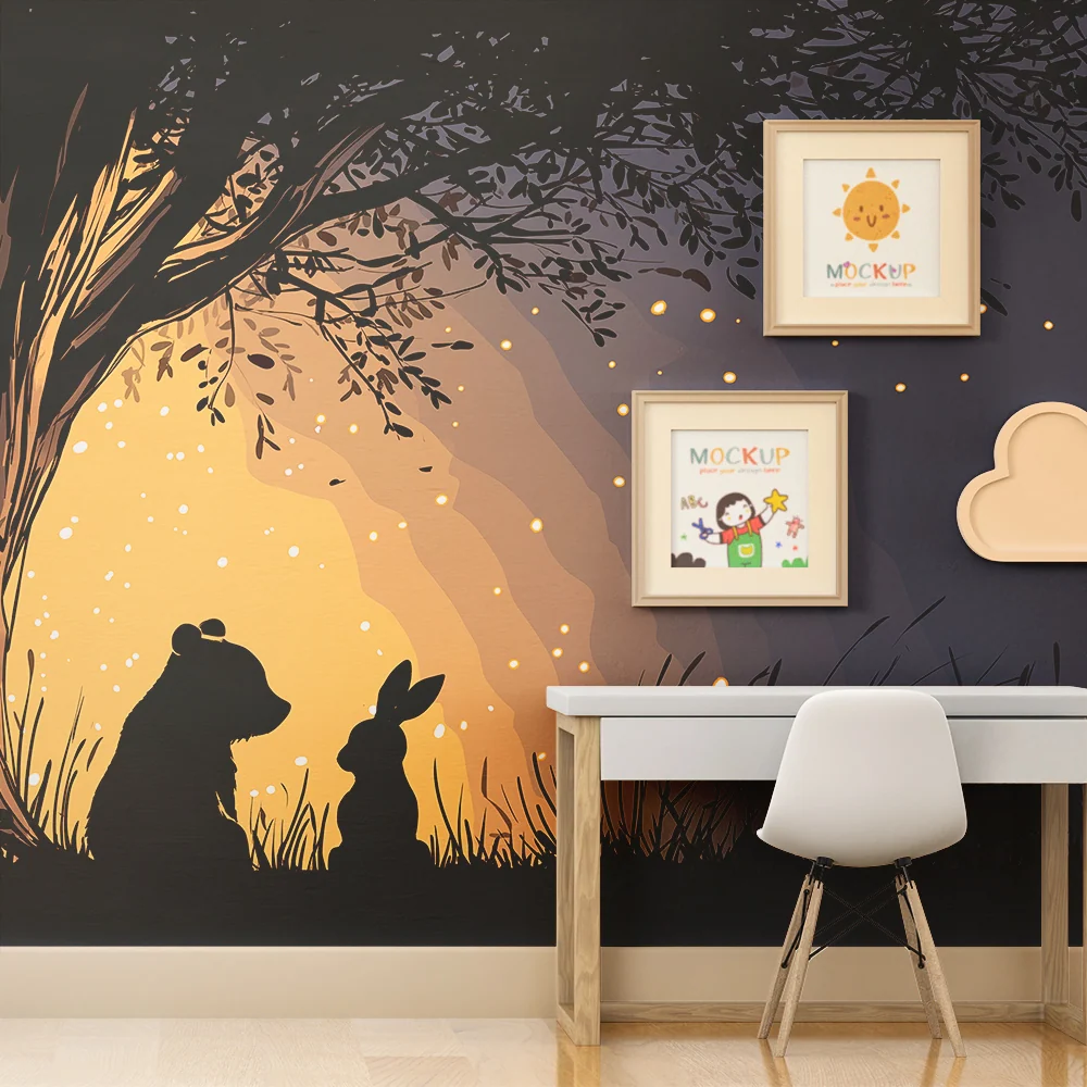 Papel de parede crianç | Urso e coelho sob uma árvore iluminada