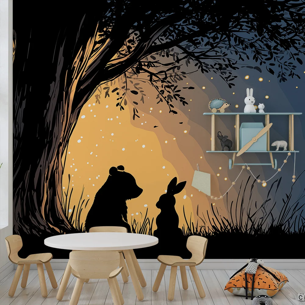 Papel de parede crianç | Urso e coelho sob uma árvore iluminada