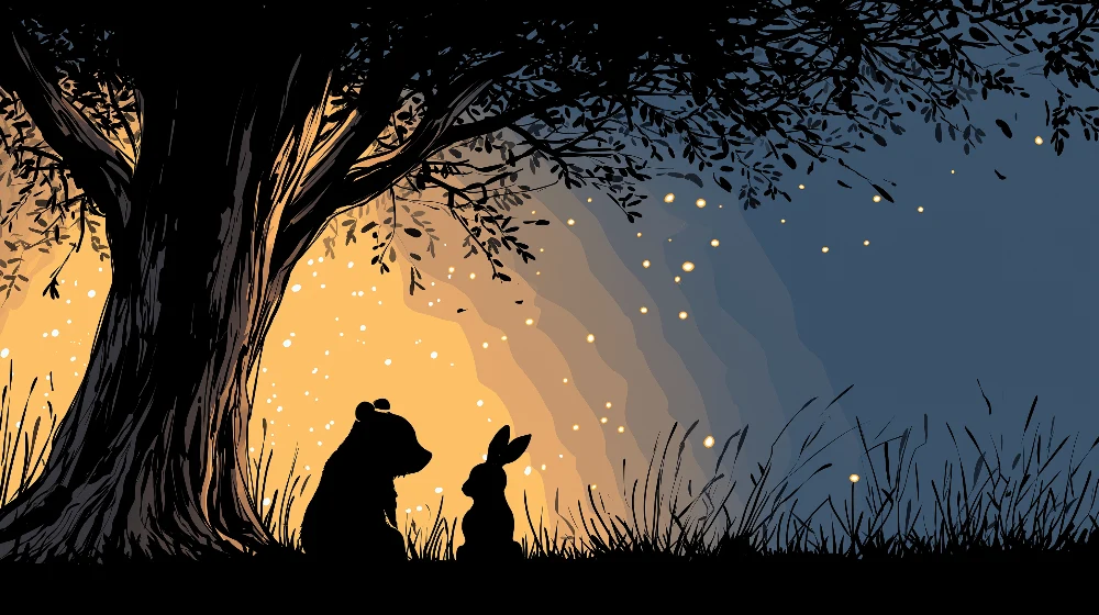 Papel de parede crianç | Urso e coelho sob uma árvore iluminada
